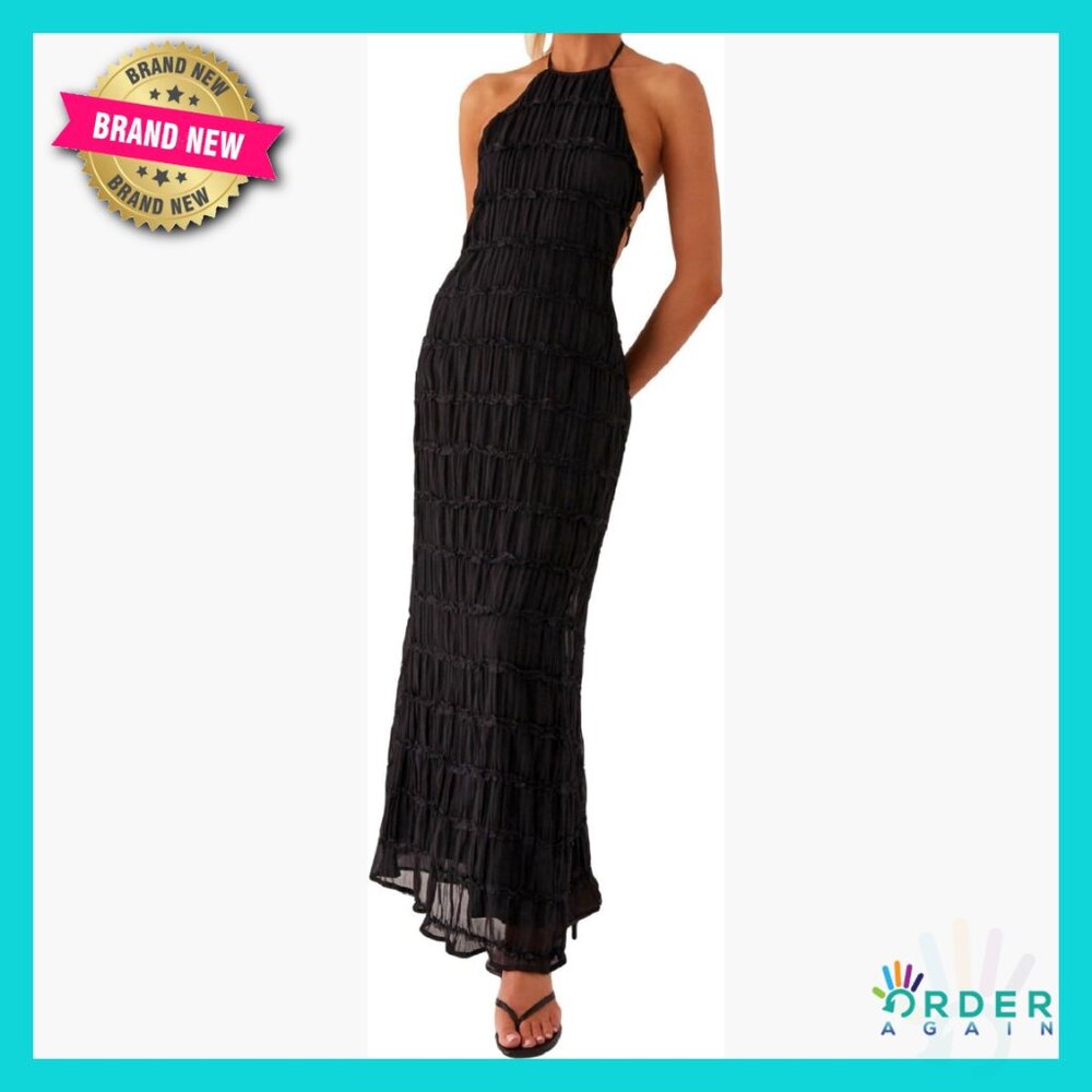 Backless Maxi Dress Halter Tie Up Smocked Beach Vacation Flowy Sundress